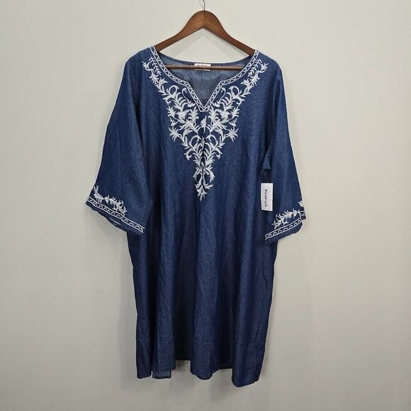 Kindred Dresses & Skirts - Anthropologie Kindred Dress 3X Blue‎ Chambray Peasant Boho Mini Embroidered